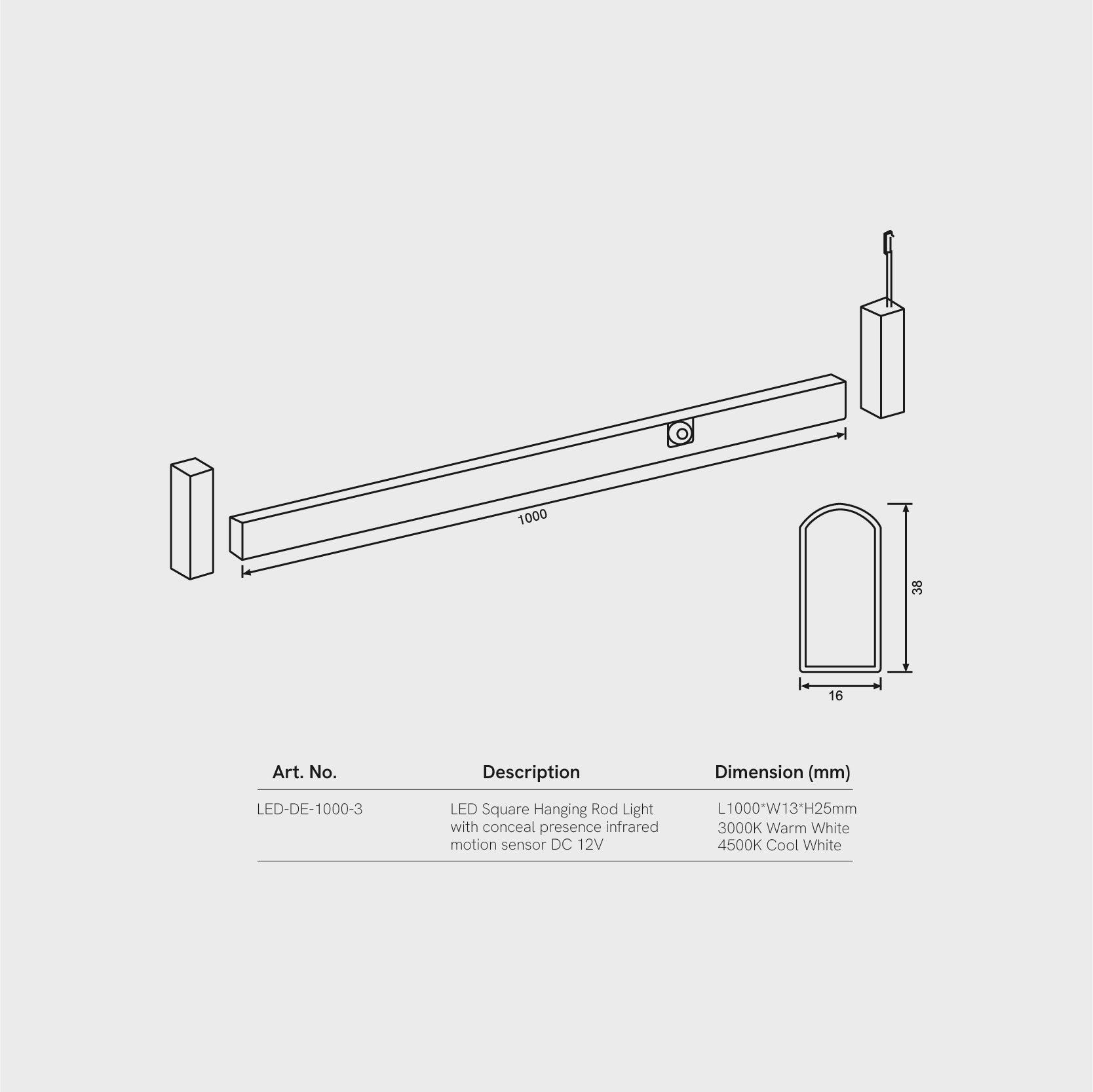 KKPL +LED™ Square Hanging Rod Light With Motion Sensor