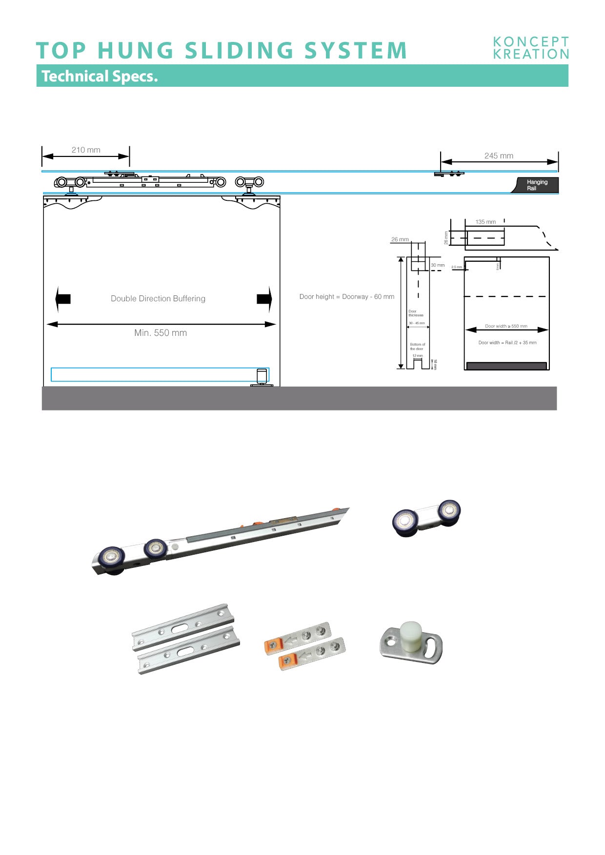 KKPL DJ Top Hung Top Hung Sliding Kit with Soft Closing